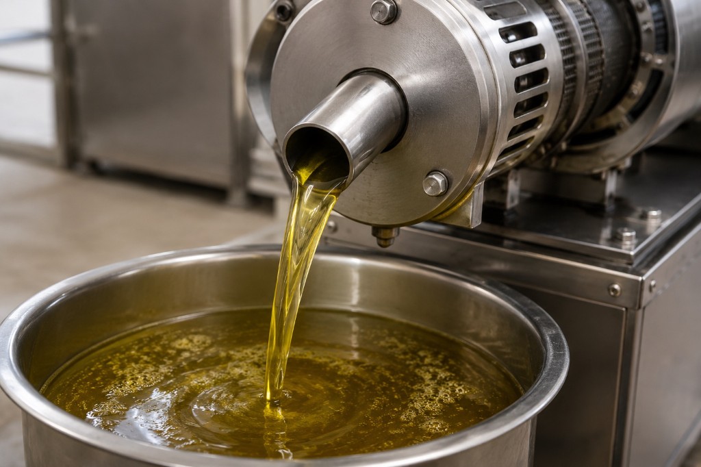 Golden coconut oil flowing from stainless steel extraction equipment